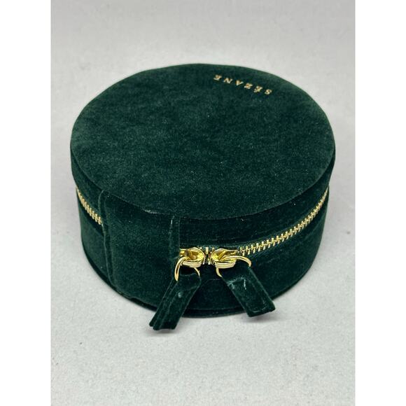 Sezane Assessories Zipped Round Jewelry Box Green Velvet Travel Bag Case - Picture 3 of 9